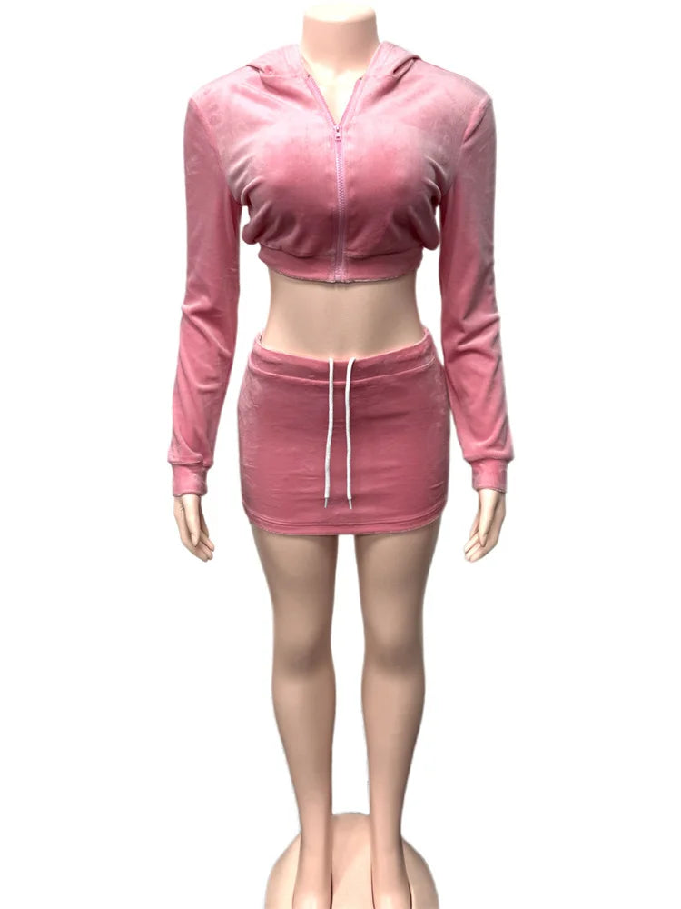 Velvet 2-Piece Set Women Zip Hooded Long Sleeve Crop jacket+Drawstring Split Skirts Matching Street Matching Outfits