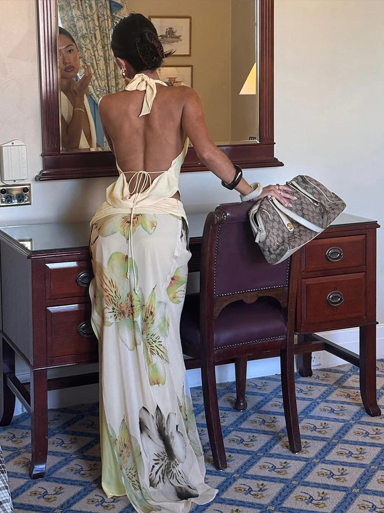 Elegant Women 3 Piece Set Stack Trend Halter Tops+Split Tassel Tassel+Flowers Mesh Skirts Matching Vacation Clubwear