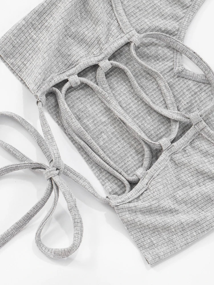 Casual Ribbed Women 2 Piece Set Casual Backless Bandage Halter Tank Tops+Lapel Pants Matching Stretch Sexy Streetwear