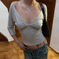 Women Solid Ruched Bust V Neck 3/4 Sleeve Crop Top Low Cut Off Shoulder Slim Fit T Shirt Y2K Aesthetic Casual Streetwear
