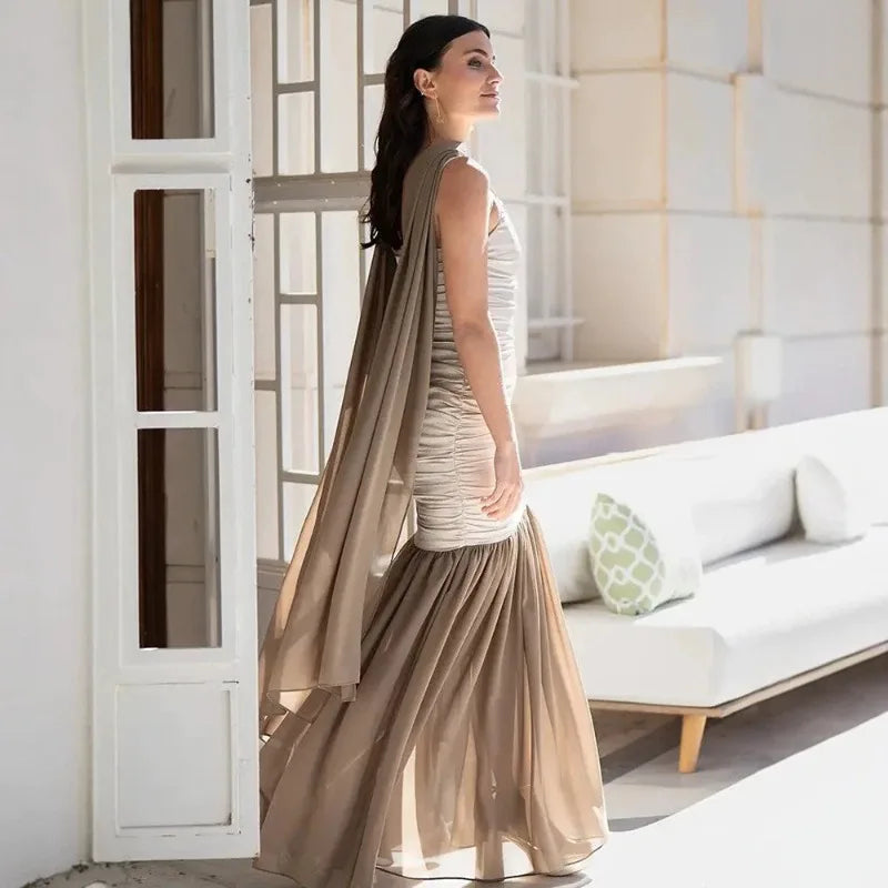 Sleeveless Pleated Maxi Dress with Scarf Satin Chiffon Patchwork Elegant Wedding Guest Dresses 2026