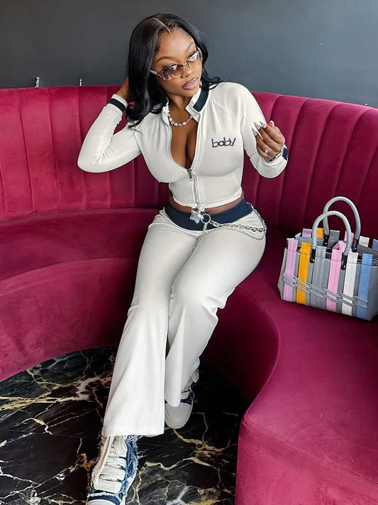 Fashion Tracksuit Sporty 2-Piece Set Women Zip Letter Crop Top+Wide Waist Flare Pants Matching Stretch Streetwear Outfits
