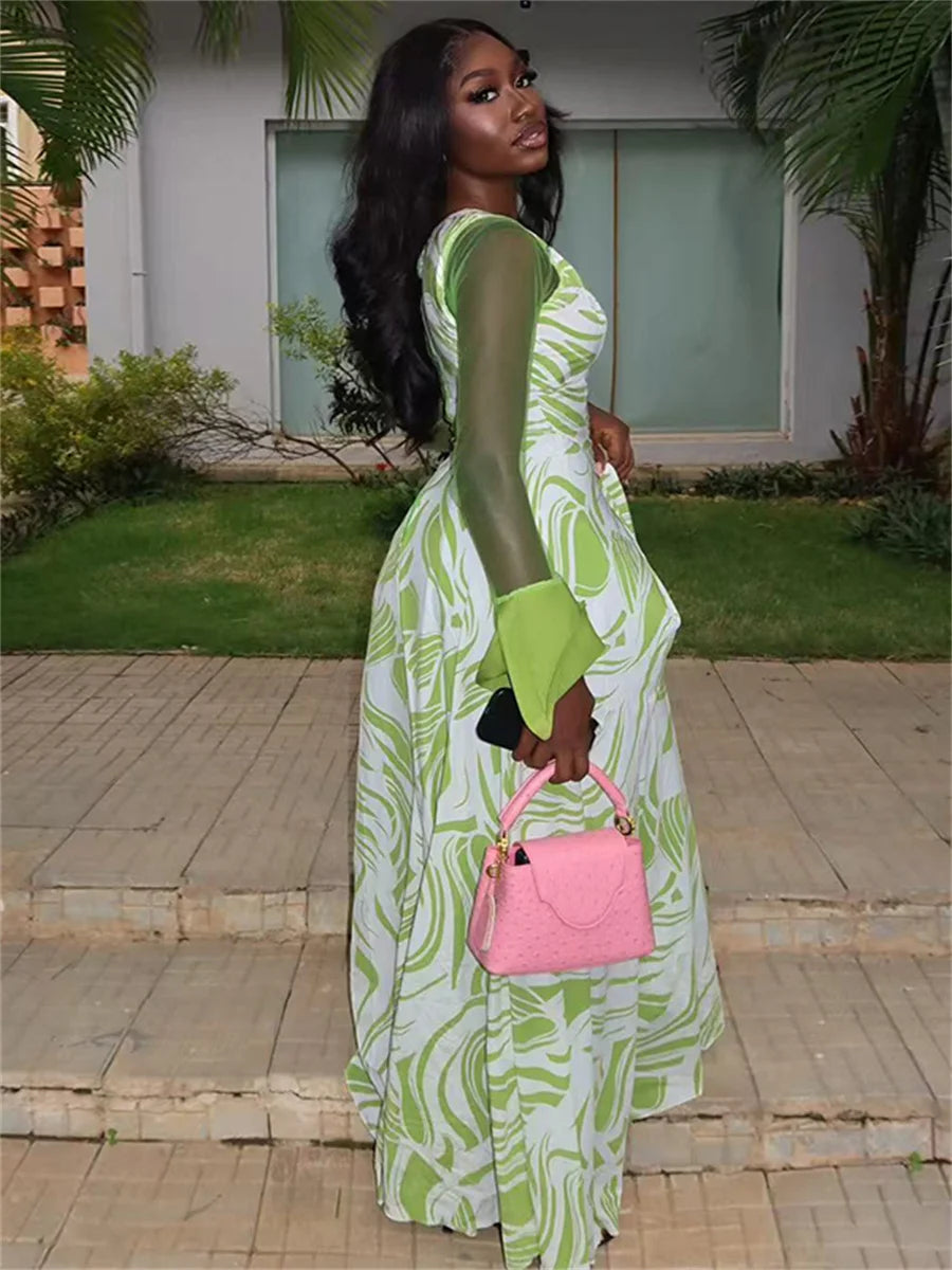 Sexy Air Print Dress Women Fashion Skew Collar Mesh Puff Sleeve Patchwork Off-Shoulder Elegant Party Club Bodycon