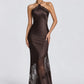 Women Halter Satin Maxi Dress Lace Trim Backless Bodycon Long Evening Party Dress Elegant Formal Wedding Guest Gown