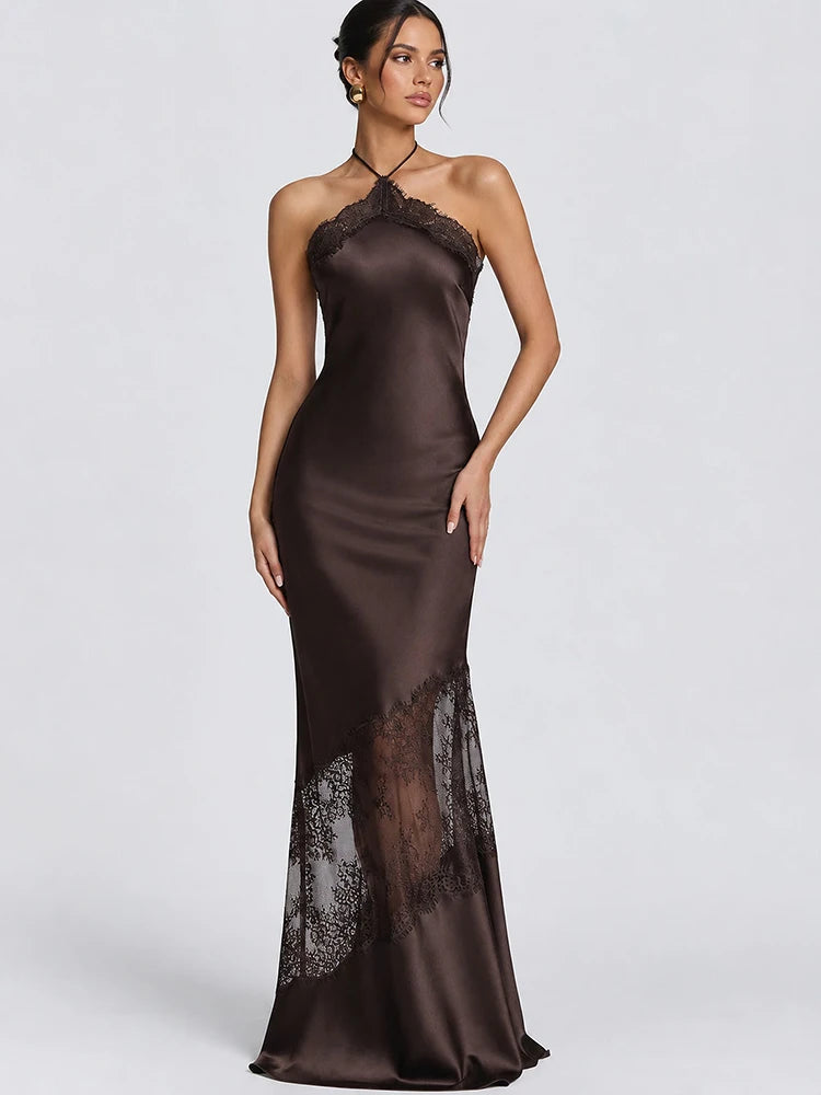 Women Halter Satin Maxi Dress Lace Trim Backless Bodycon Long Evening Party Dress Elegant Formal Wedding Guest Gown