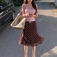 Sweet 2-Piece Set Women v-Neck Solid Camisole+Ribbon Bow Decoration Polka Dot Print Skirt Summer Party Vacation Suit