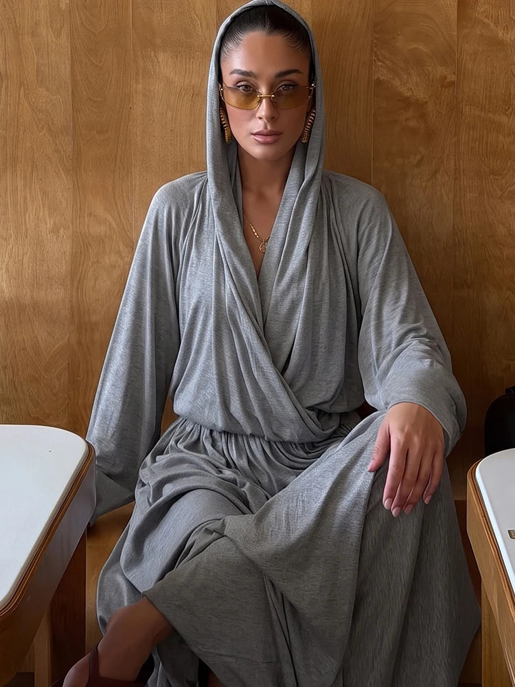 Fashion 2 Piece Set Women Hottie Simple Cross V-Neck Hooded Crop T-Shirt+Ruched Long Skirts Trend Party Street Suits
