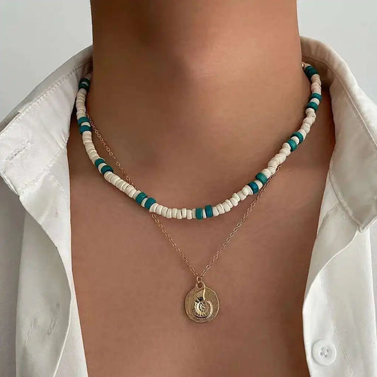 2Pcs/Set Boho Wooden Beads Adjustable Chain Men Surfers Trend Vintage Conch Pendant Choker Summer Jewelry Accessories