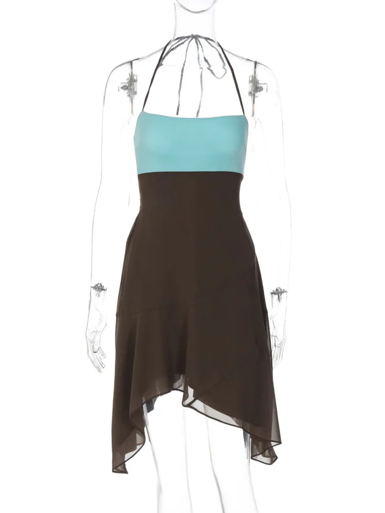 Women Halter Neck Color Sexy Mini Dress Sleeveless Irregular Ruffle Short Dress Beach Vacation Club Party Dresses