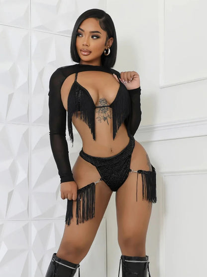 Sexy Coquette 3Piece Set Women Glitter Tassel Beach Vacation Long Sleeve Shawl+Bra Tops+Briefs Clubwear Midnight Suit