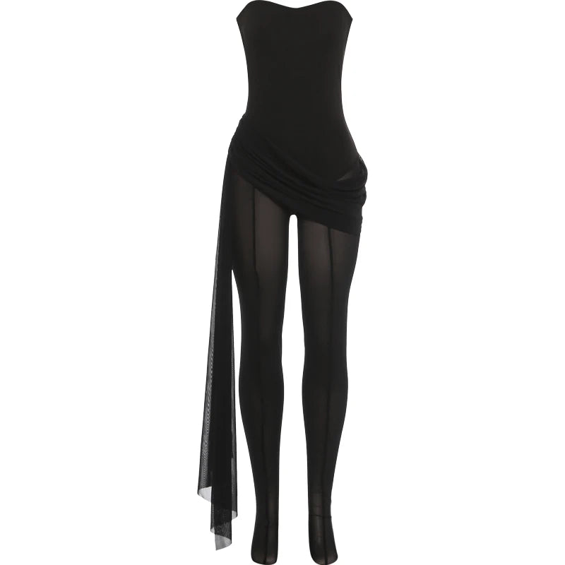 Sexy See Through Jumpsuits Woman Wrap Chest Backless Shape Waist Bandage TAssel Skinny Peach Hip Coquette Overalls