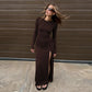 Long Sleeve Maxi Dress with Draped Waist and High Side Slit Elegant Brown Dresses for Woman Fall Winter 2026