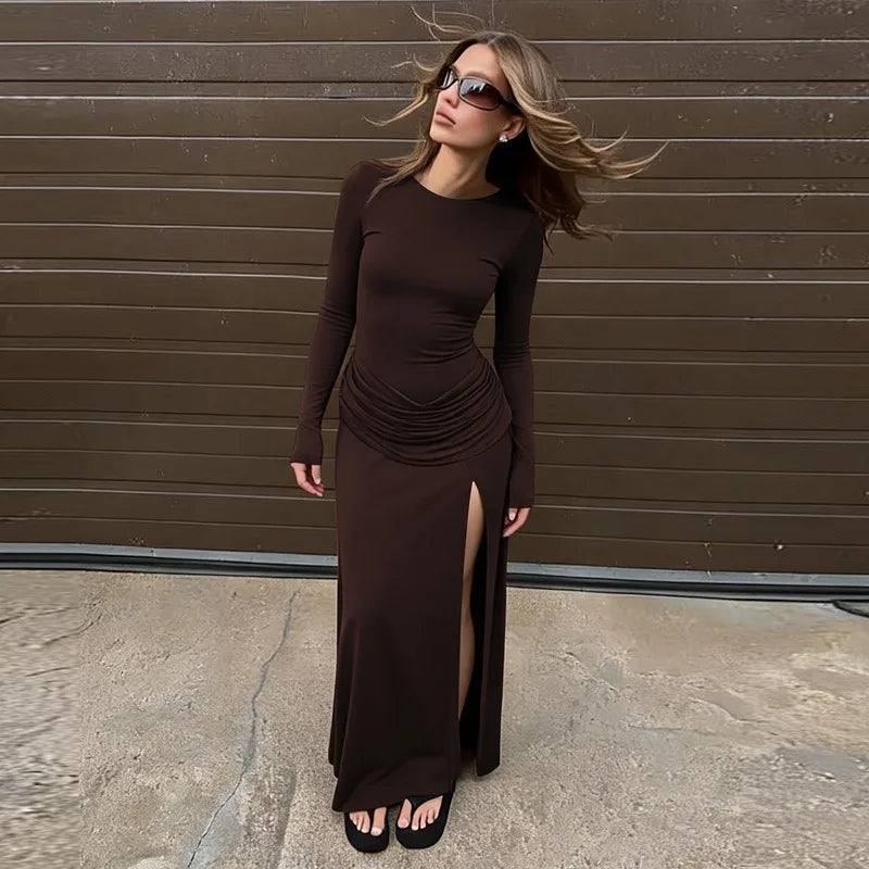 Long Sleeve Maxi Dress with Draped Waist and High Side Slit Elegant Brown Dresses for Woman Fall Winter 2026