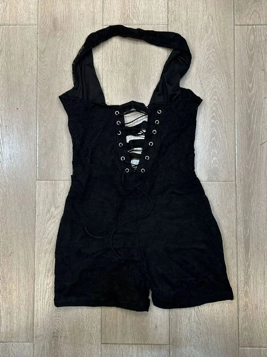 Sexy Hollow Playsuits Women Halter Deep V-Neck Shirring Backles Sleeveless Skinny Peach Hip Midnight Fashion Rompers