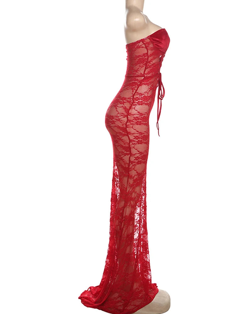 Shirring Hollow Dress Women Sexy Party Jacquard Patchwork Strapless Coquette Banquet Elegant Summer Y2K Maxi Bodycon