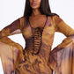 Women Mesh Bodycon Sexy Mini Dress Long Flare Sleeve Deep V Neck Leopard Print Irregular Hem Party Night Club Dresses