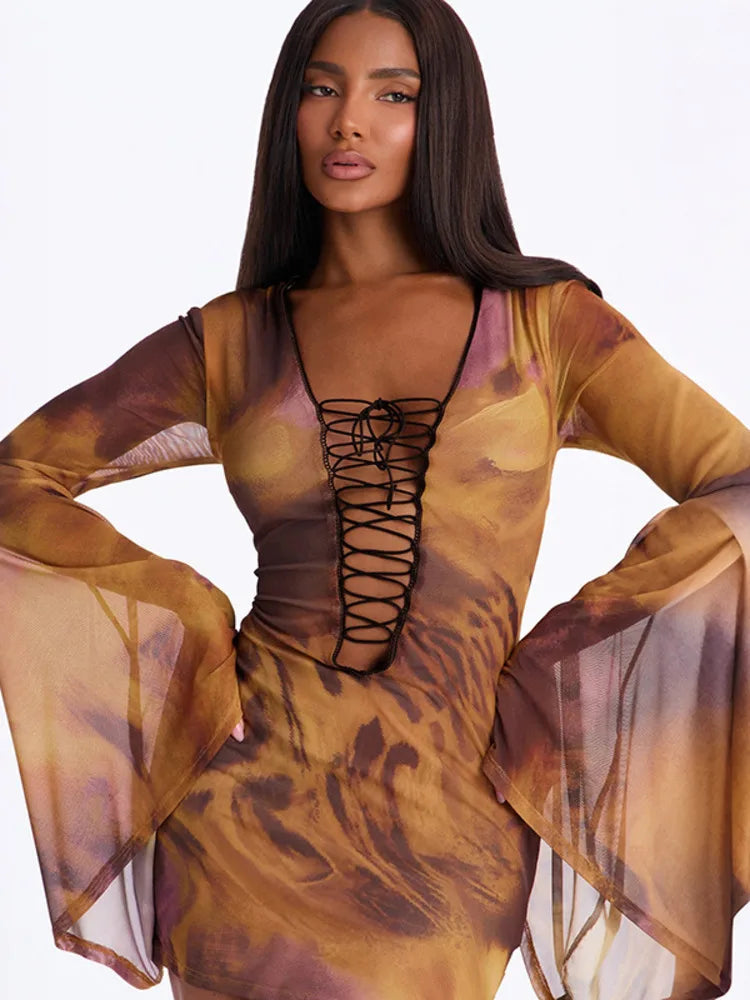 Women Mesh Bodycon Sexy Mini Dress Long Flare Sleeve Deep V Neck Leopard Print Irregular Hem Party Night Club Dresses