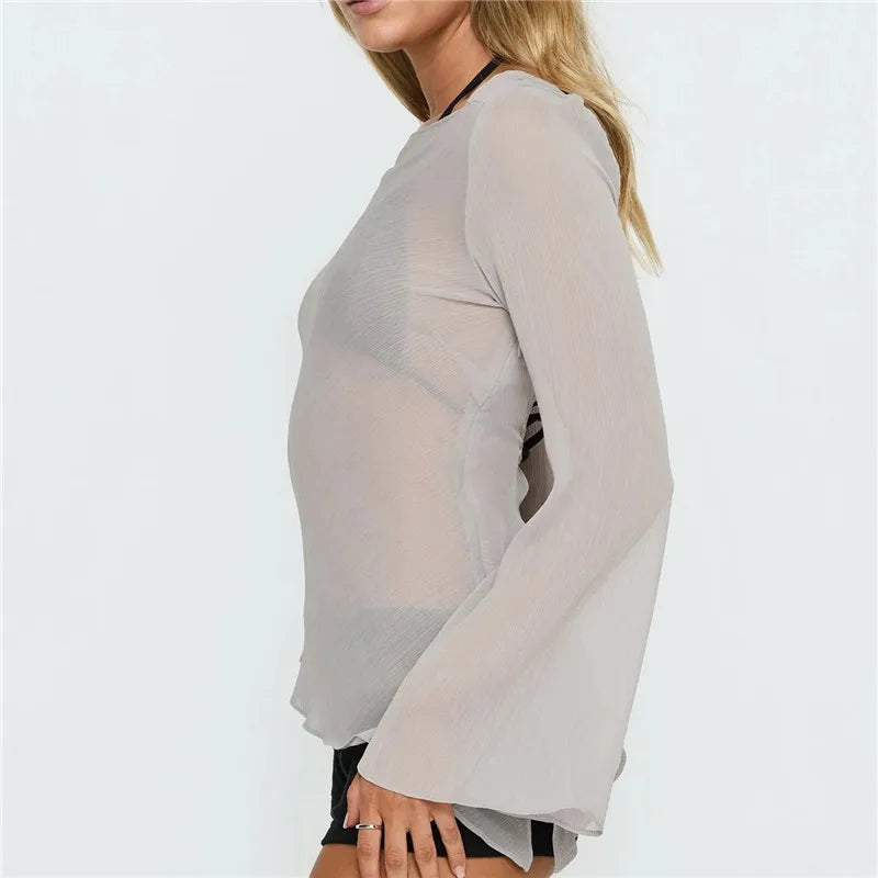 Women's Sheer Mesh Cover Up Top Long Flare Sleeve Backless Tie Open Back Asymmetrical Hem Beachwear Blouse