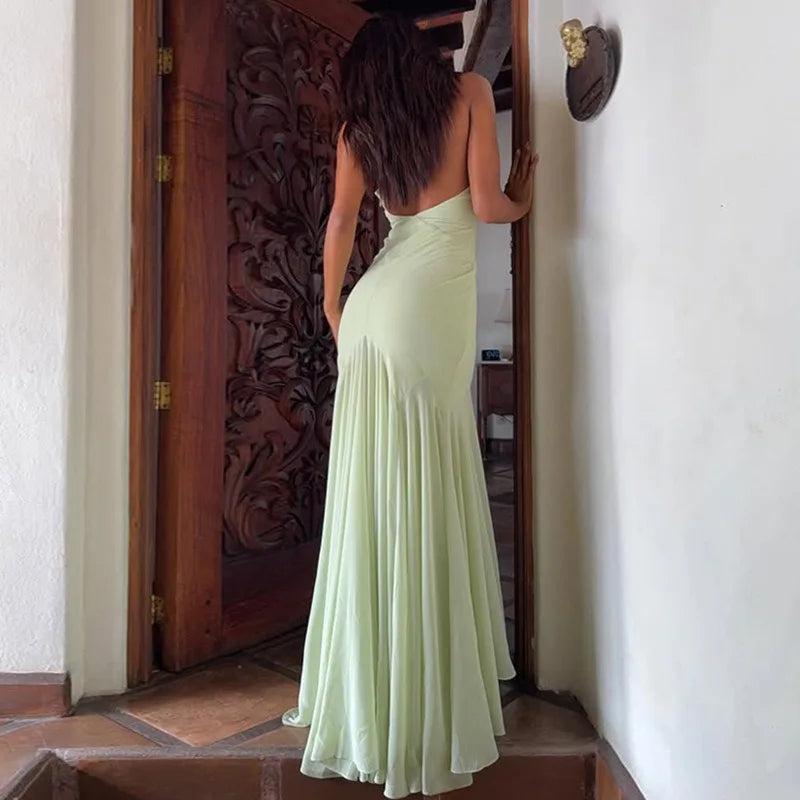 Green Mesh Flowy Elegant Dress Deep V Neck Backless Long Dresses for Woman Party Sexy Outfits