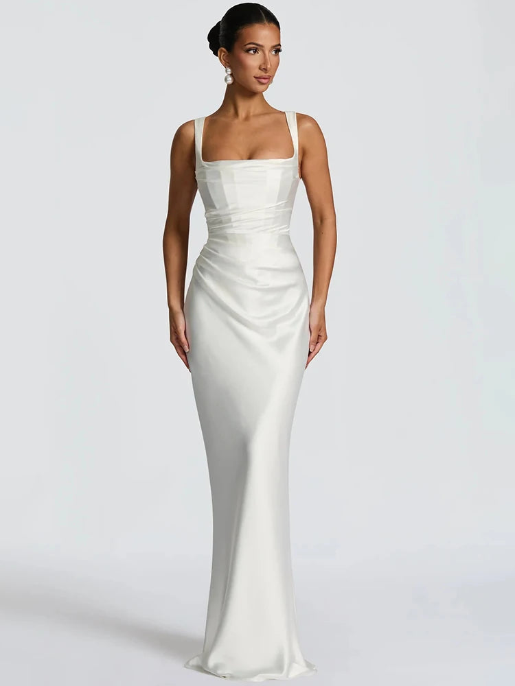 Satin Backless Sexy Maxi Dress Women Elegant Halter Off-shoulder Sleeveless Lace-up Bodycon Club Party Long Dresses