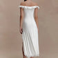 Women Off Shoulder Ruffle Midi Dress Elegant Cutout Front High Waist Split Long Dress Wedding Party Evening Dress