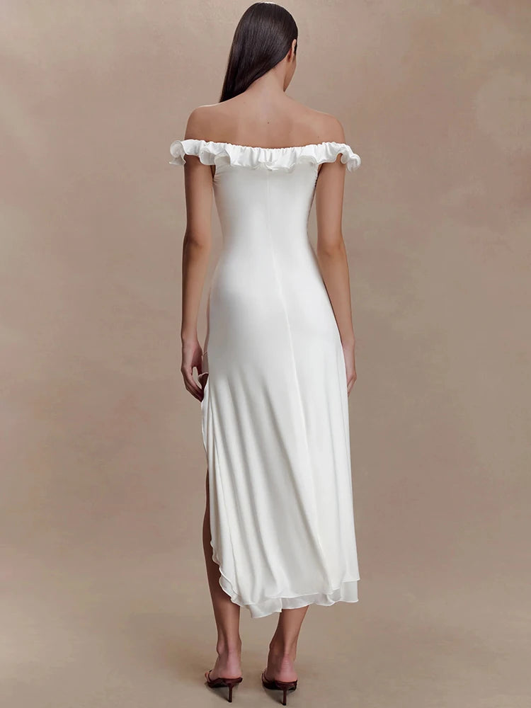 Women Off Shoulder Ruffle Midi Dress Elegant Cutout Front High Waist Split Long Dress Wedding Party Evening Dress
