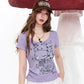 Women's Cartoon Print Purple T-Shirt, Square Neck Ruched Short Sleeve Tee, Ribbed Knit Curved Hem Cute Summer Top