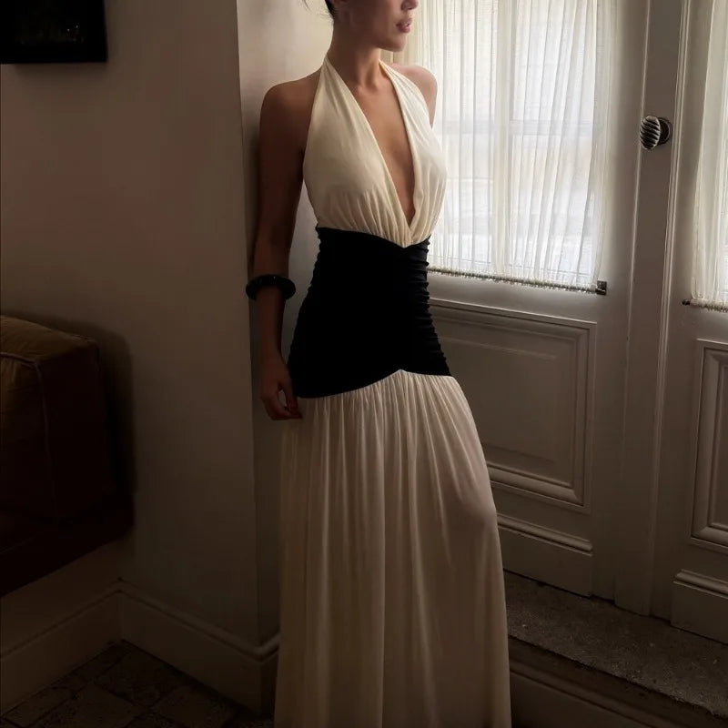 Deep V Neck Backless Pleated Long Dresses Black and White Patchwork Sexy Party Dresses Woman Elegant