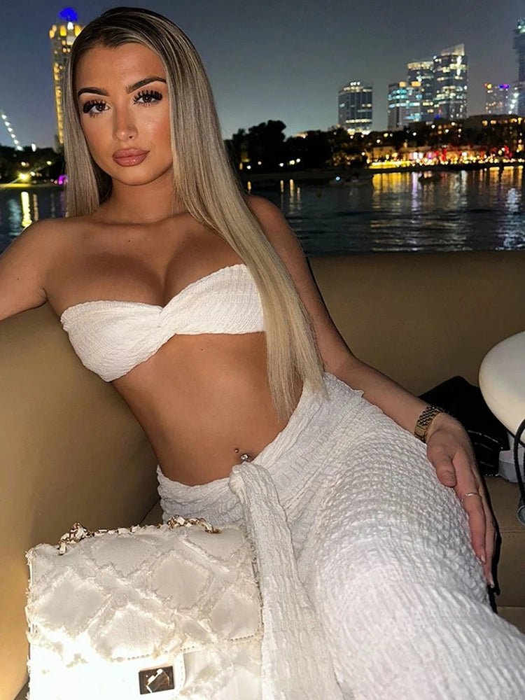 Ruched Elegant 2 Piece Set Women Sexy Off Shoulder Tube Tops+Skinny Ribbon Long Skirts Midnight Prom Party Outfits