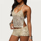 Women's Sequin Two Piece Outfit Halter Backless Crop Top + Low Rise Mini Shorts Set Glitter Mesh Party Rave Clubwear