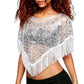 Women Sequin Mesh Fringe Poncho Top Floral Embroidered Sheer Net Cape Shawl Asymmetric Hem Crew Neck Party Club Cover Up