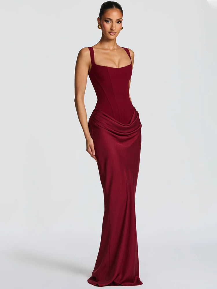Elegant Backless Sexy Maxi Dress Women Gown Fashion Square Collar Sleeveless Skinny Ruched Club Party Long Dresses