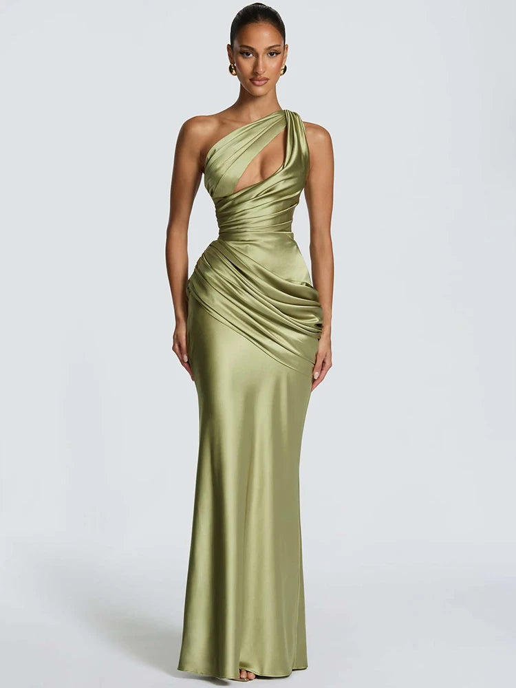 Satin One Shoulder Sexy Maxi Dress Women Elegant Diagonal Collar Cutout Ruched Bodycon Mermaid Long Evening Party Gown