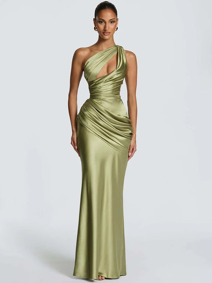 Satin One Shoulder Sexy Maxi Dress Women Elegant Diagonal Collar Cutout Ruched Bodycon Mermaid Long Evening Party Gown
