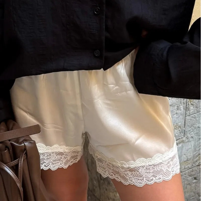 Chic White Satin Lace Shorts For Woman Casual Elastic Waist Shorts Summer Elegant High Waist Short Pants Lady Streetwear
