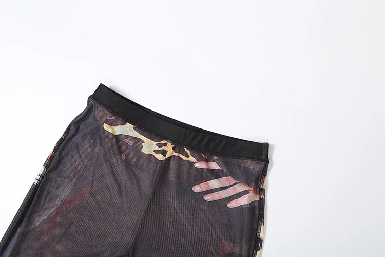 Sexy Women 2 Piece Set See Through Leopard Print Shorts Sleeve Crop Tops+Flare Pants Matching Clubwear Skinny Outfits