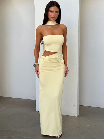 Halter Neck Strapless Sexy Maxi Dress Women Summer Elegant Off-shoulder Ruched Cutout Bodycon Party Long Dresses