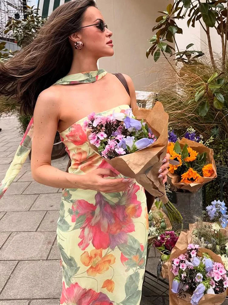 Flower Print 2 Piece Set Women Elastic Strapless Dress+Ribbon Scarf Vacation Party Elegant Fashion Stretch Vestidos