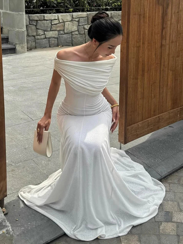 Slanted Collar Dress Women Classic Patchwork Elegant Ruched Skinny Chic Summer Birthday Party Banquet Simple Vestidos