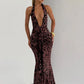 Leopard Print Backless Sexy Maxi Dress Women Gown Elegant Halter Deep V Neck Sleeveless Bodycon Draped Club Long Dress