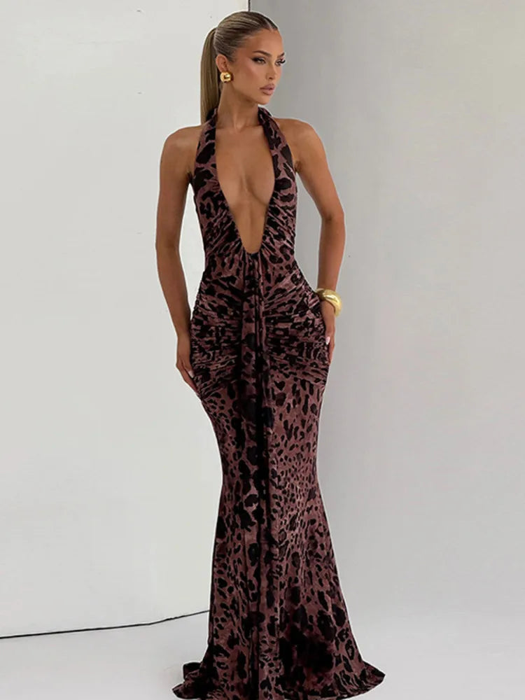 Leopard Print Backless Sexy Maxi Dress Women Gown Elegant Halter Deep V Neck Sleeveless Bodycon Draped Club Long Dress