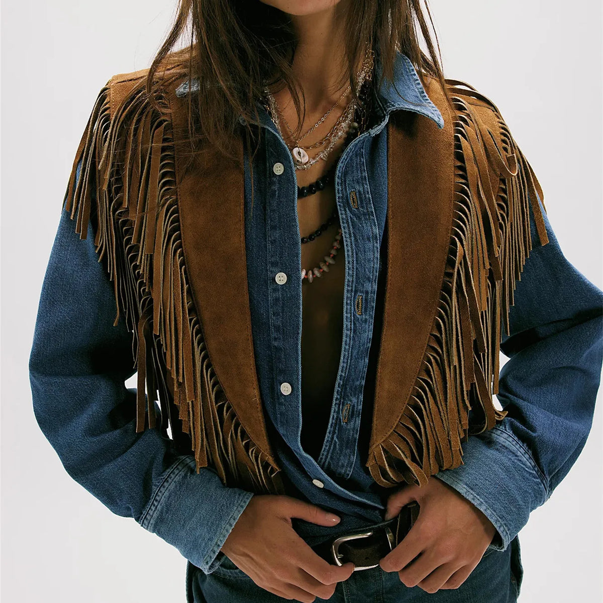 Women's Bohemian Fringe Suede Vest Open Front Cropped Sleeveless Fringe Jacket Western Cowgirl Vintage Streetwear