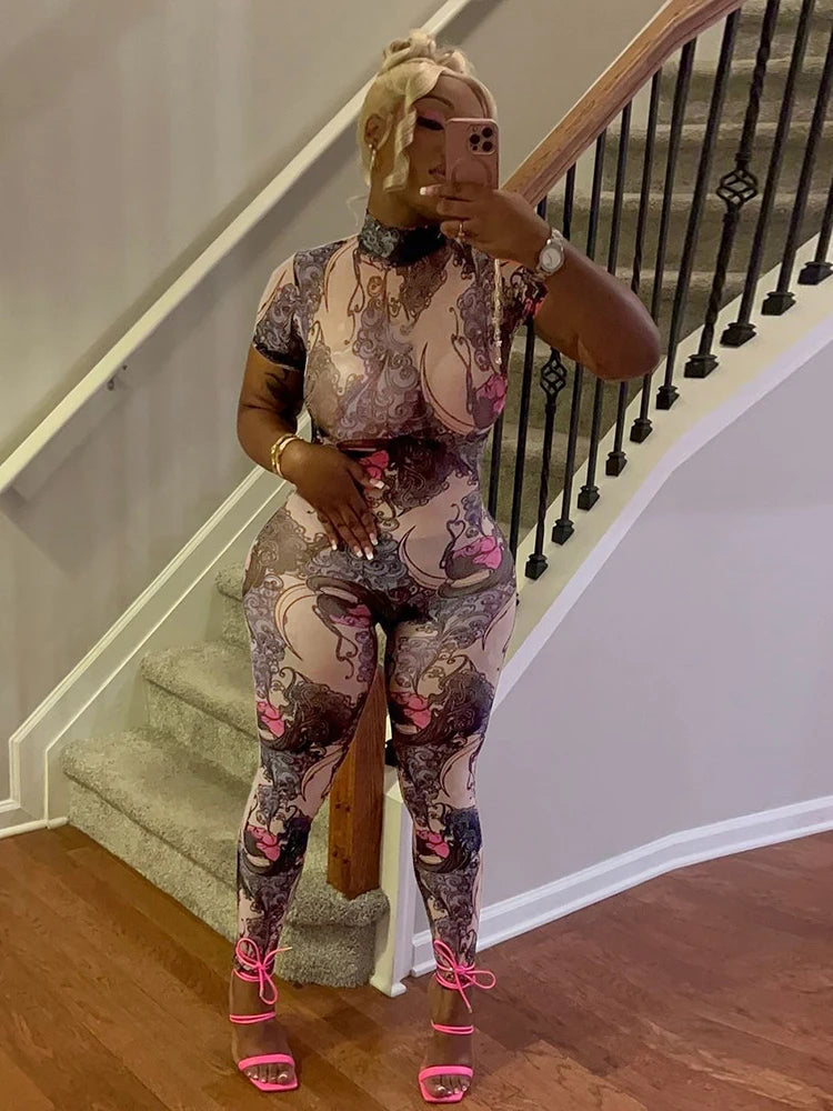 See Through Jumpsuit Women Coquette Summer Backless Peach Buttocks Colorful Print Tight Activity Clubwear Overalls