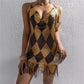 Women Rhombus Sparkly Rhinestone Mesh Mini Dress Chain Halter Backless Fringe Hem Bodycon Dress Nightclub Party Clubwear