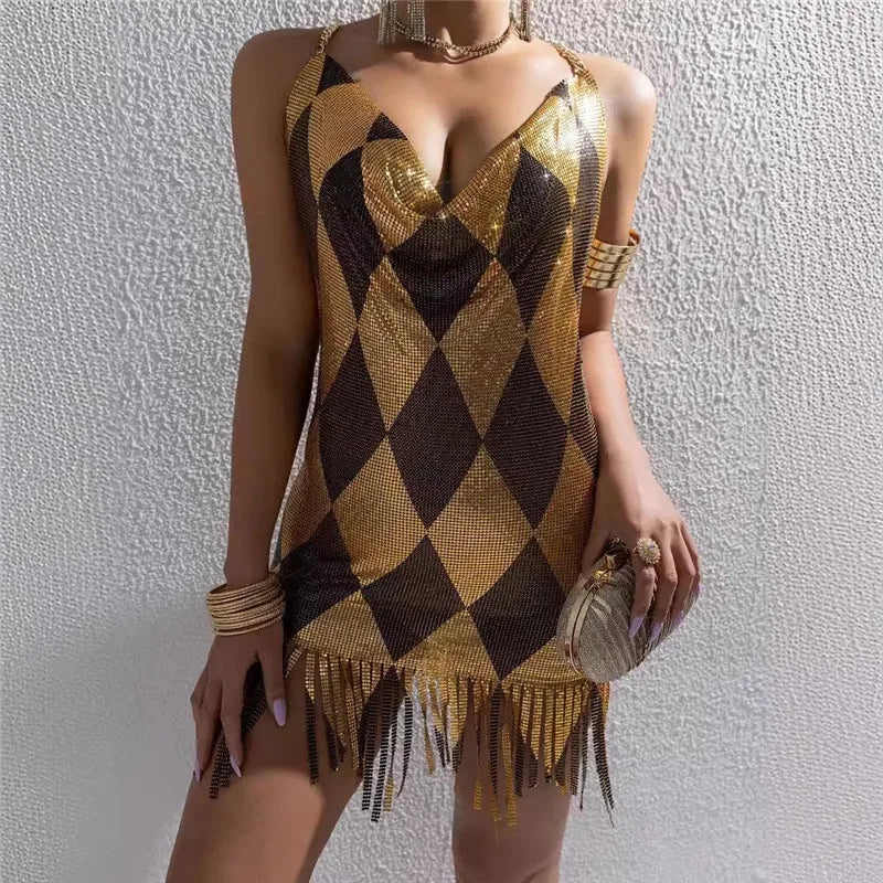 Women Rhombus Sparkly Rhinestone Mesh Mini Dress Chain Halter Backless Fringe Hem Bodycon Dress Nightclub Party Clubwear