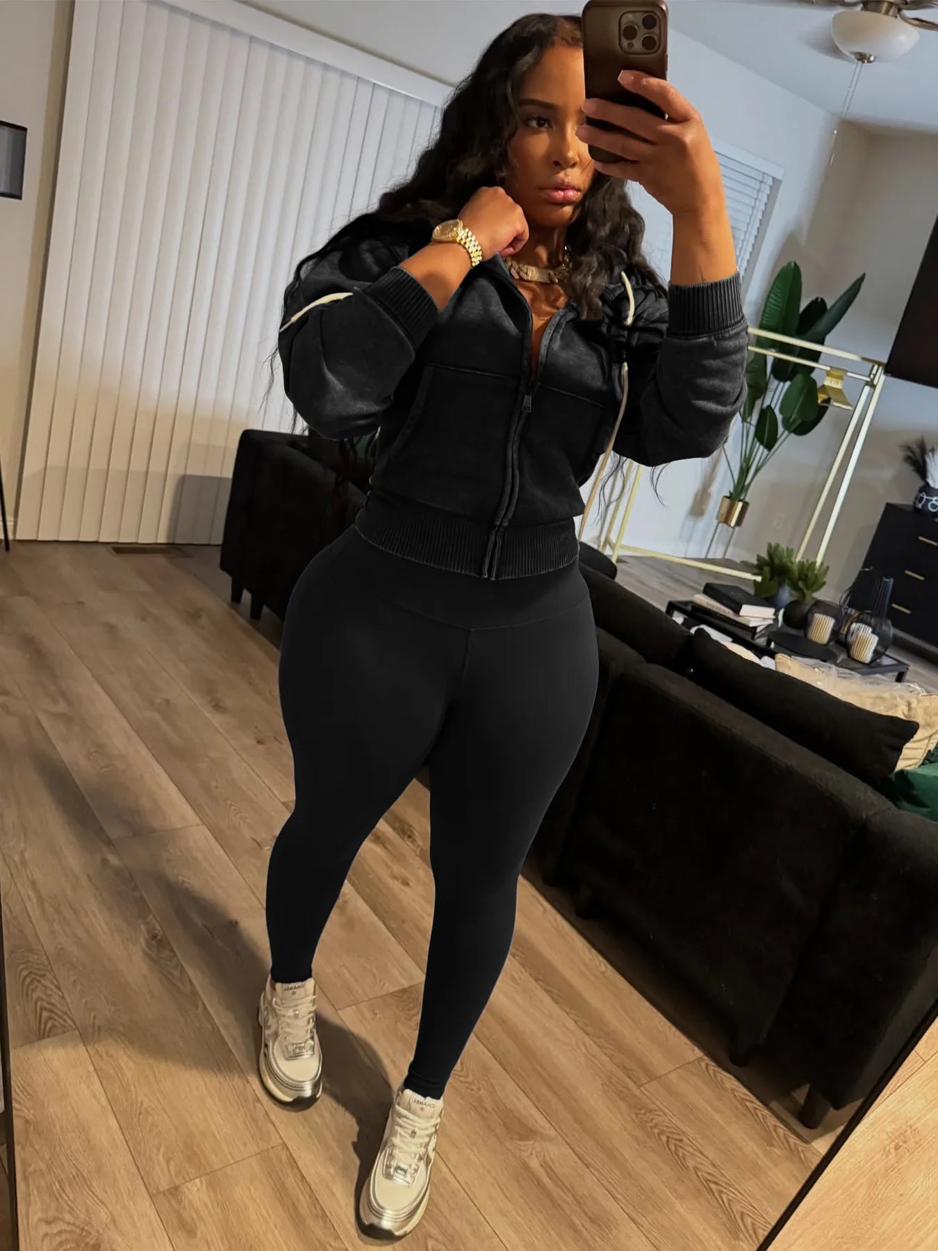 Autumn Trend 2Piece Set Woman Drawstring Simple Washed Style Hooded Jacket+Solid Yoga Pants Daily Casual Sporty Tracksuit