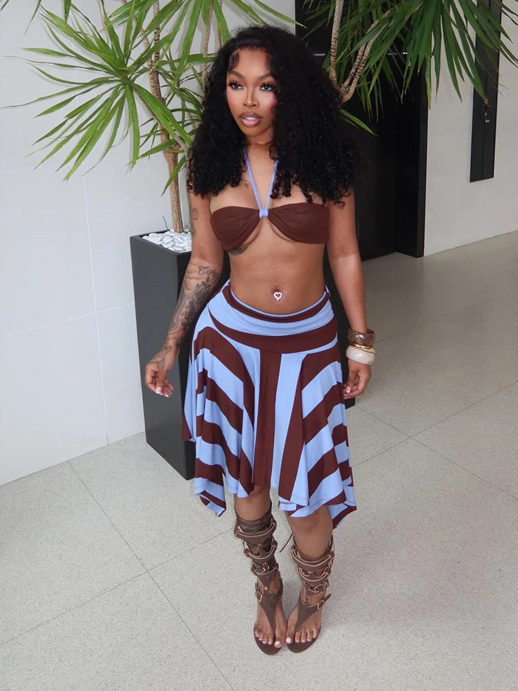 Sexy Fashion 2 Piece Set Woman Halter Long Rope+Skinny Tube Tops+Stripe Patchwork Mid Skirts Beach Party Style Suits