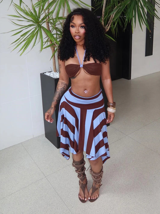 Sexy Fashion 2 Piece Set Woman Halter Long Rope+Skinny Tube Tops+Stripe Patchwork Mid Skirts Beach Party Style Suits