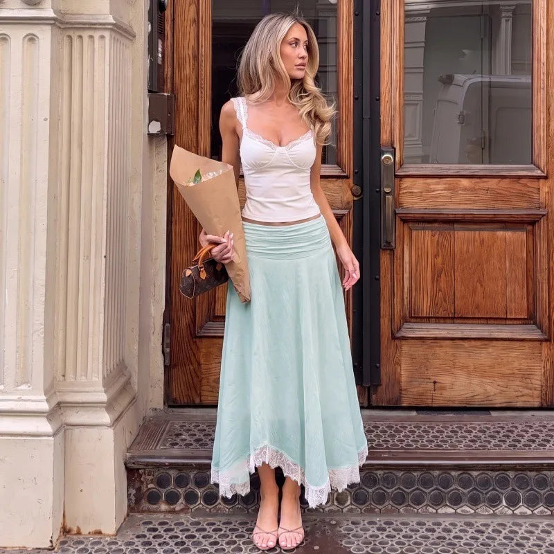 White Long Skirts with Lace Trim Asymmetric Hem Casual Vacation Style Skirt Woman Clothing Bohemian