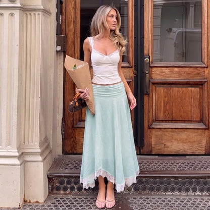 White Long Skirts with Lace Trim Asymmetric Hem Casual Vacation Style Skirt Woman Clothing Bohemian